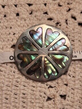 Round Abalone Inlay Silver-Tone Statement Pendant Brooch - Iridescent Green/Blue